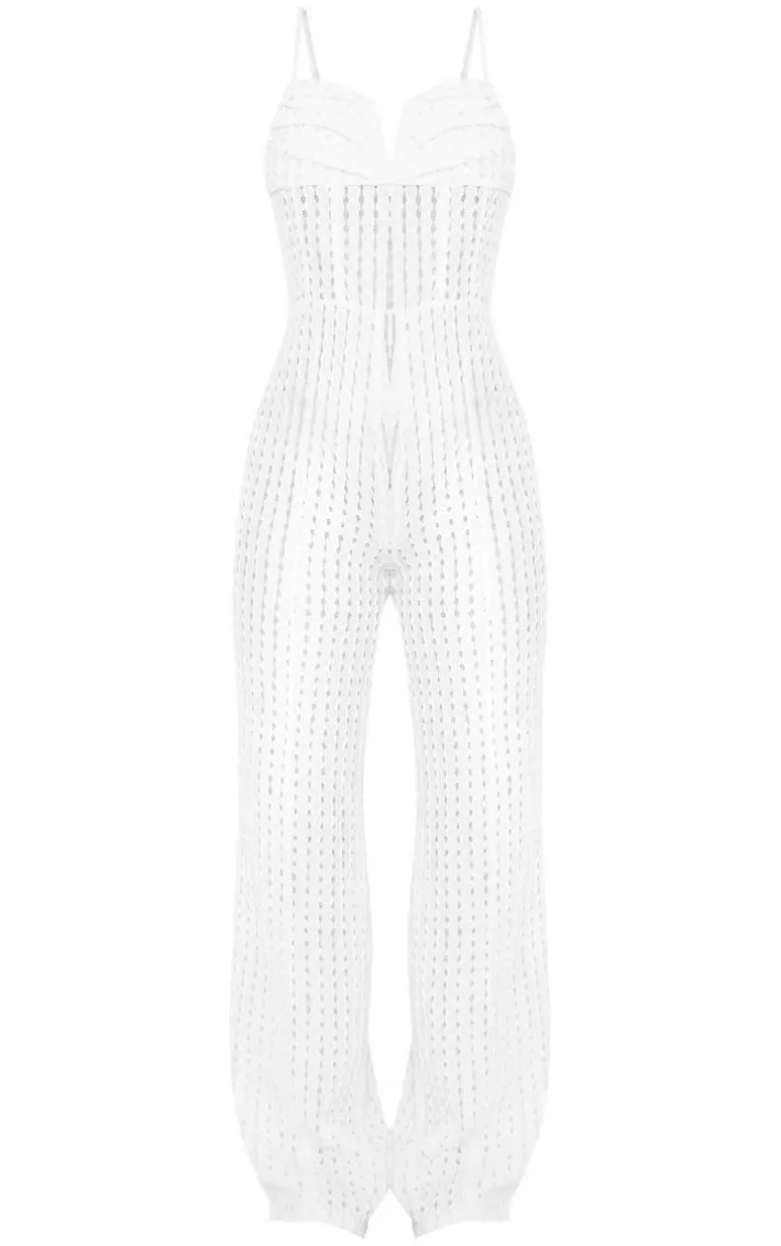 White Textured V Bar Corset Detail Wide Leg Jumpsuit