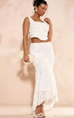 White Textured Woven Low Rise Fishtail Maxi Skirt