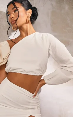 White Textured Woven One Shoulder Crop Top