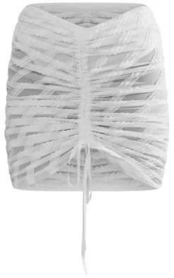 White Textured Woven Ruched Tie Front Mini Skirt