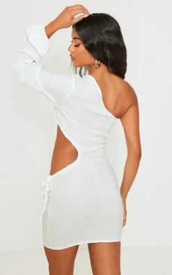 White Textured Woven Ruched Cut Out One Shoulder Shift Dress