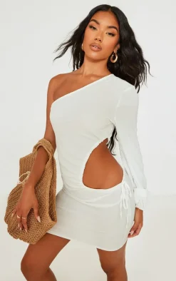 White Textured Woven Ruched Cut Out One Shoulder Shift Dress