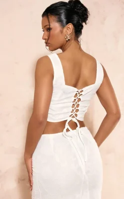 White Textured Woven Square Neck Ruched Front Corset