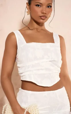 White Textured Woven Square Neck Ruched Front Corset