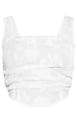 White Textured Woven Square Neck Ruched Front Corset
