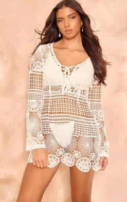 White Tie Front Flare Sleeve Crochet Lace Bodycon Dress