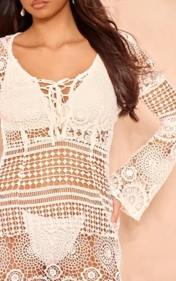 White Tie Front Flare Sleeve Crochet Lace Bodycon Dress