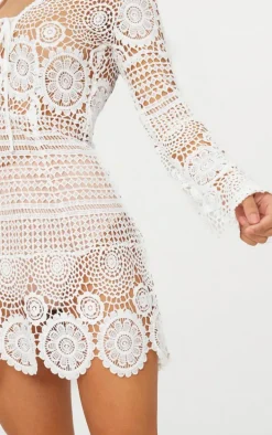White Tie Front Flare Sleeve Crochet Lace Bodycon Dress