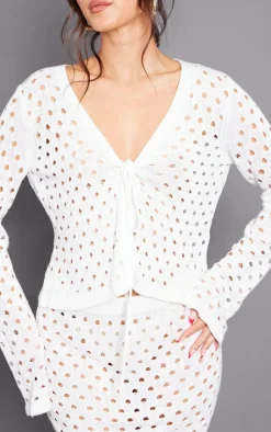 White Tie Front Hole Knit Top