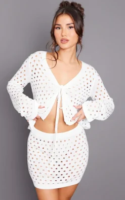 White Tie Front Hole Knit Mini Skirt