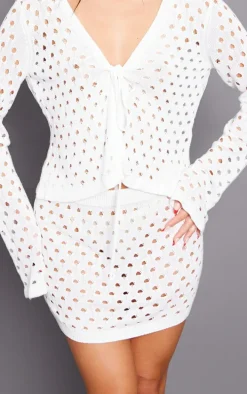 White Tie Front Hole Knit Mini Skirt