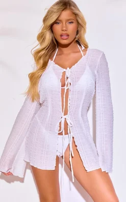 White Tie Front Shirred Beach Kimono