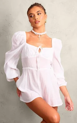 White Tie Front Textured Romper