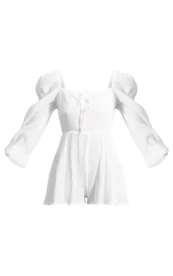 White Tie Front Textured Romper
