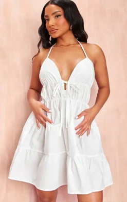 White Tiered Halterneck Shift Dress