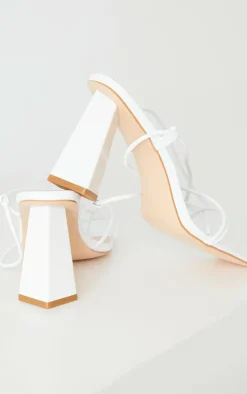 White Toe Loop Lace Up Square High Block Heels