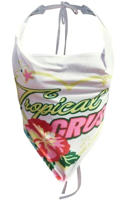 White Tropical Print Cowl Crop Top