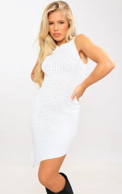 White Tweed Knitted Asymmetric Hem Mini Dress