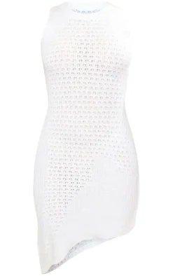 White Tweed Knitted Asymmetric Hem Mini Dress
