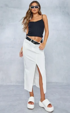 White Twill Split Front Midaxi Skirt