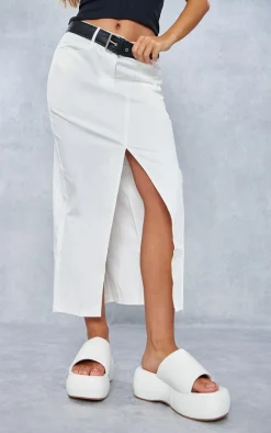 White Twill Split Front Midaxi Skirt