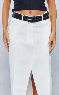 White Twill Split Front Midaxi Skirt