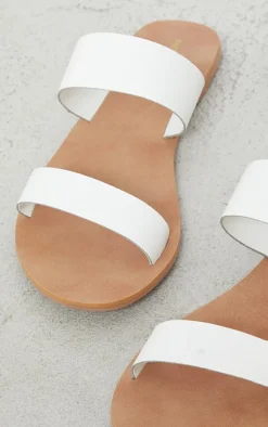 White Twin Strap Basic Real Leather Sandals