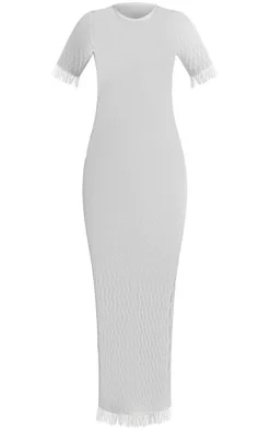 White Wave Raw Edge Sheer Knit Maxi Dress