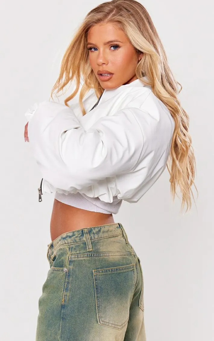 White Wax Look Zip Up Cropped Puffer Coat