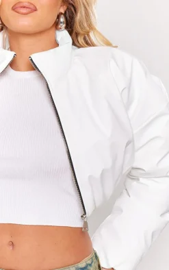 White Wax Look Zip Up Cropped Puffer Coat