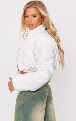 White Wax Look Zip Up Cropped Puffer Coat