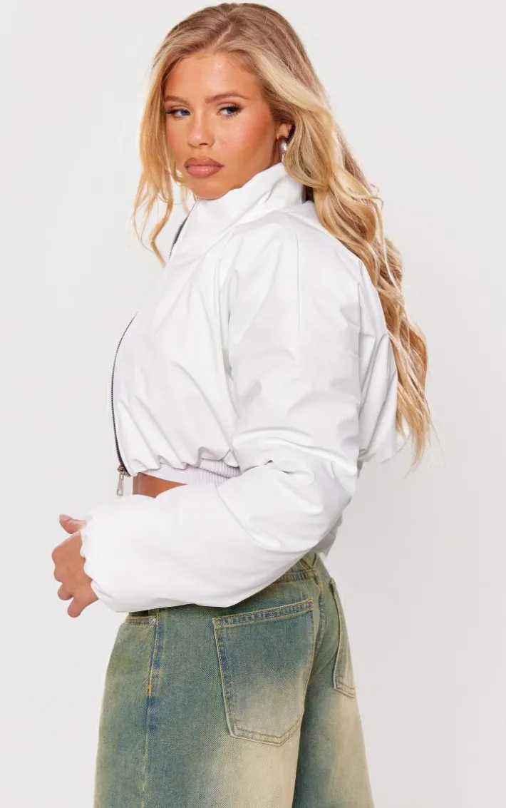 White Wax Look Zip Up Cropped Puffer Coat