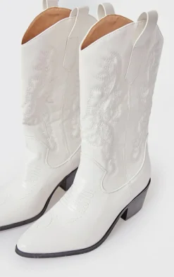 White Wide Fit Point Toe Stitching Heeled Ankle Cowboy Boots