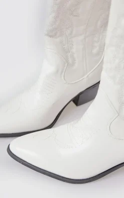 White Wide Fit Point Toe Stitching Heeled Ankle Cowboy Boots