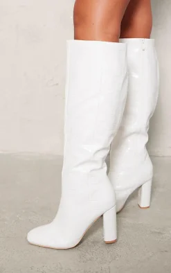 White Wide Fit Pu Croc Square Toe Block Heel Knee High Boots