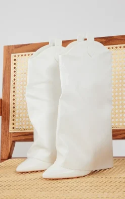 White Wide Fit Pu Point Toe Fold Over High Heeled Calf High Boots