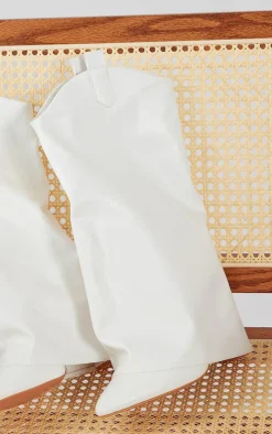 White Wide Fit Pu Point Toe Fold Over High Heeled Calf High Boots