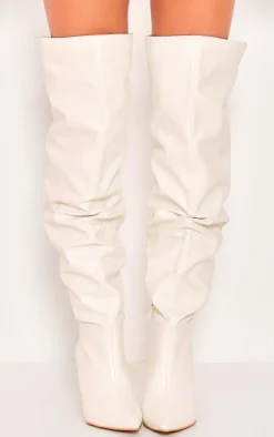 White Wide Fit Pu Point Toe Over The Knee High Heeled Boots