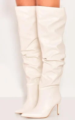 White Wide Fit Pu Point Toe Over The Knee High Heeled Boots