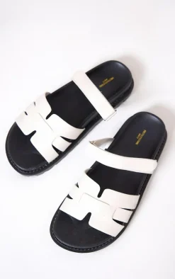 White Wide Fit Pu Round Toe Velcro Strap Chunky Sandals