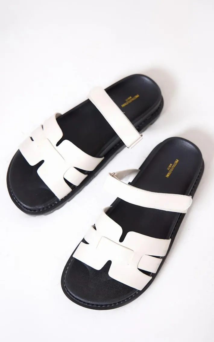 White Wide Fit Pu Round Toe Velcro Strap Chunky Sandals