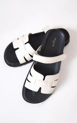 White Wide Fit Pu Round Toe Velcro Strap Chunky Sandals