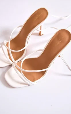 White Wide Fit PU Square Toe Strappy Lace Up Heeled Sandals