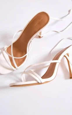 White Wide Fit PU Square Toe Strappy Lace Up Heeled Sandals