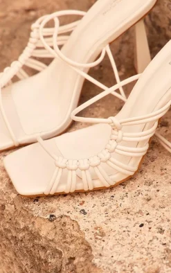 White Wide Fit Pu Square Toe Knot Lace Up Side Detail High Heeled Sandals