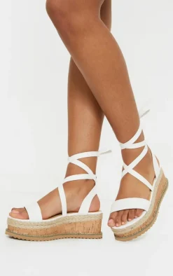 White Wide Fit PU Tie Ankle Espadrilles