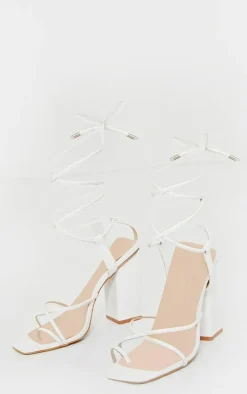 White Wide Fit Toe Loop Ankle Tie Chunky Block Heel Sandals