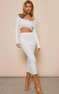 White Wide Rib Knit Midaxi Skirt