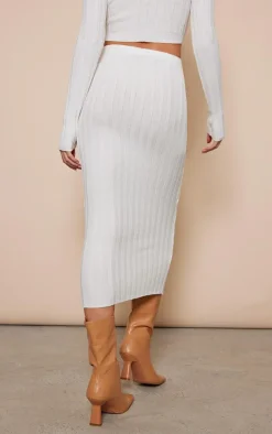 White Wide Rib Knit Midaxi Skirt