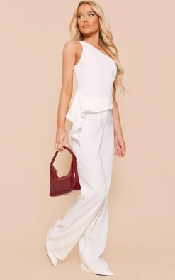 White Woven Asymmetric Frill Detail One Shoulder Top